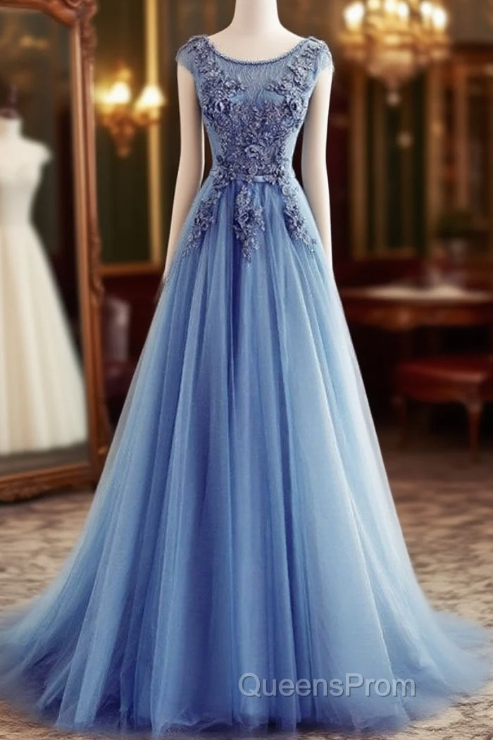Custom Made Round Neck Sleeveless Lace Evening Prom Dress, Blue Lace Formal Dress Main image