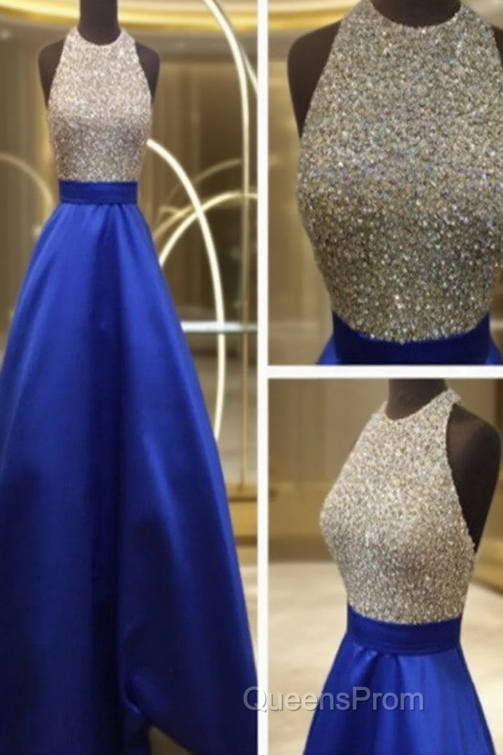 Custom Made Royal Blue Round Neck Sleeveless Evening Prom Dress, Blue Formal Dress Main image