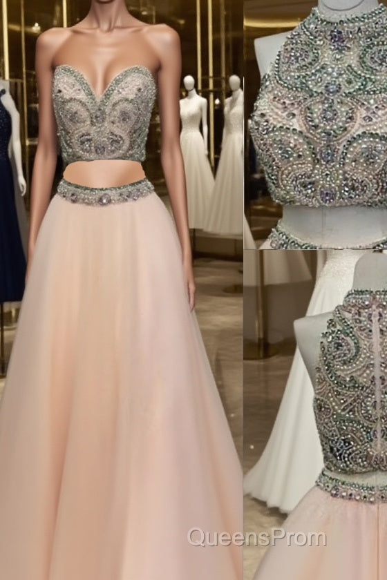 Custom Made Two Pieces High-Neck Beaded Pink Tulle Evening Prom Dress, Pink Evening Dress