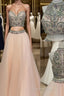 Custom Made Two Pieces High-Neck Beaded Pink Tulle Evening Prom Dress, Pink Evening Dress
