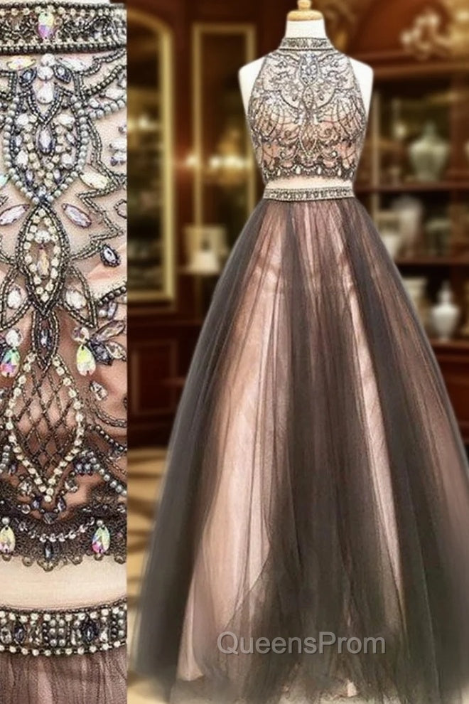 Custom Made Two Pieces Tulle Long Evening Prom Dress, Black Evening Dress Main image