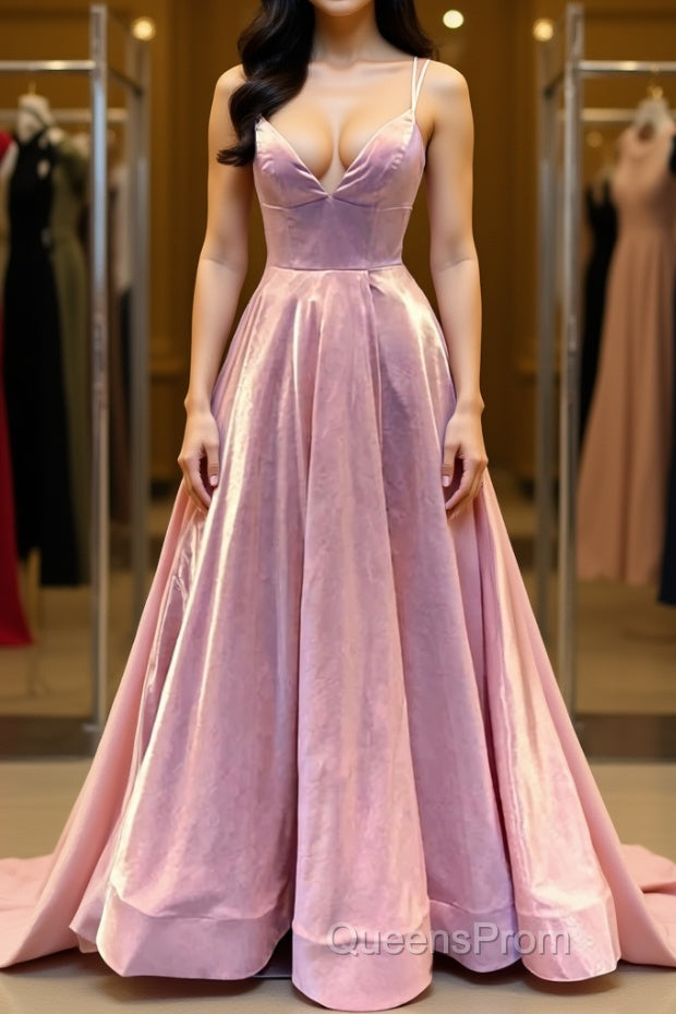 Custom Made V Neck Backless Pink Evening Prom Dress, Backless Pink Formal Dress, Simple Pink Evening Dress Main image