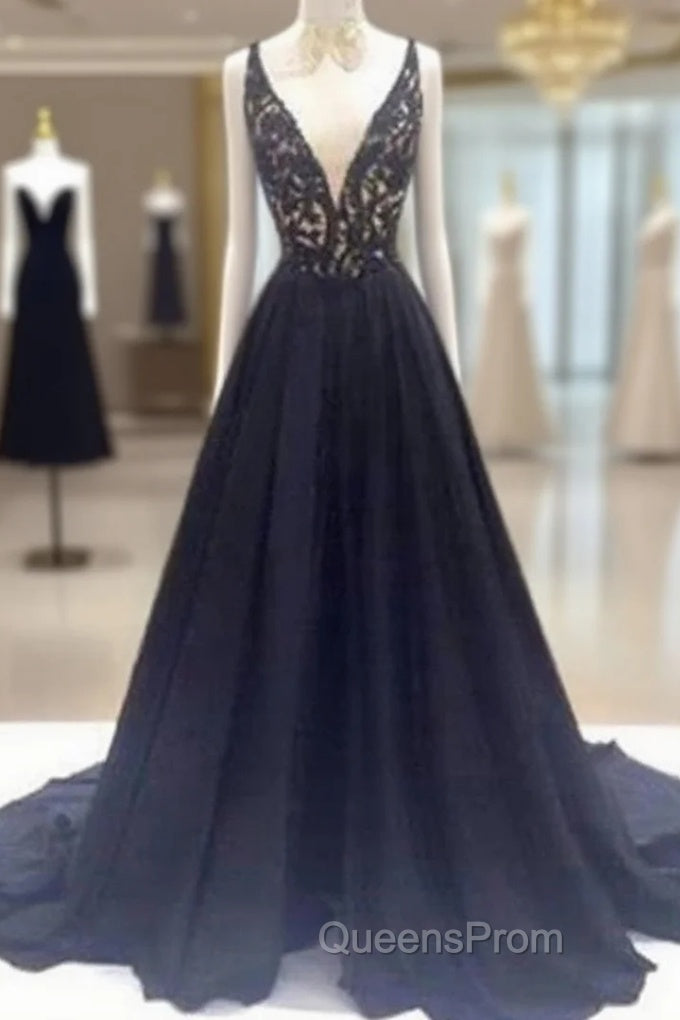 Custom Made V Neck Sweep Train Long Black Lace Evening Prom Dress, Black Long Lace Evening Dress