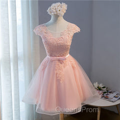 Custom Pink Lovely Cap Sleeves Knee Length Evening Dress, Pink Tulle Evening Prom Dress