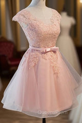 Custom Pink Lovely Cap Sleeves Knee Length Evening Dress, Pink Tulle Evening Prom Dress