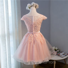 Custom Pink Lovely Cap Sleeves Knee Length Evening Dress, Pink Tulle Evening Prom Dress