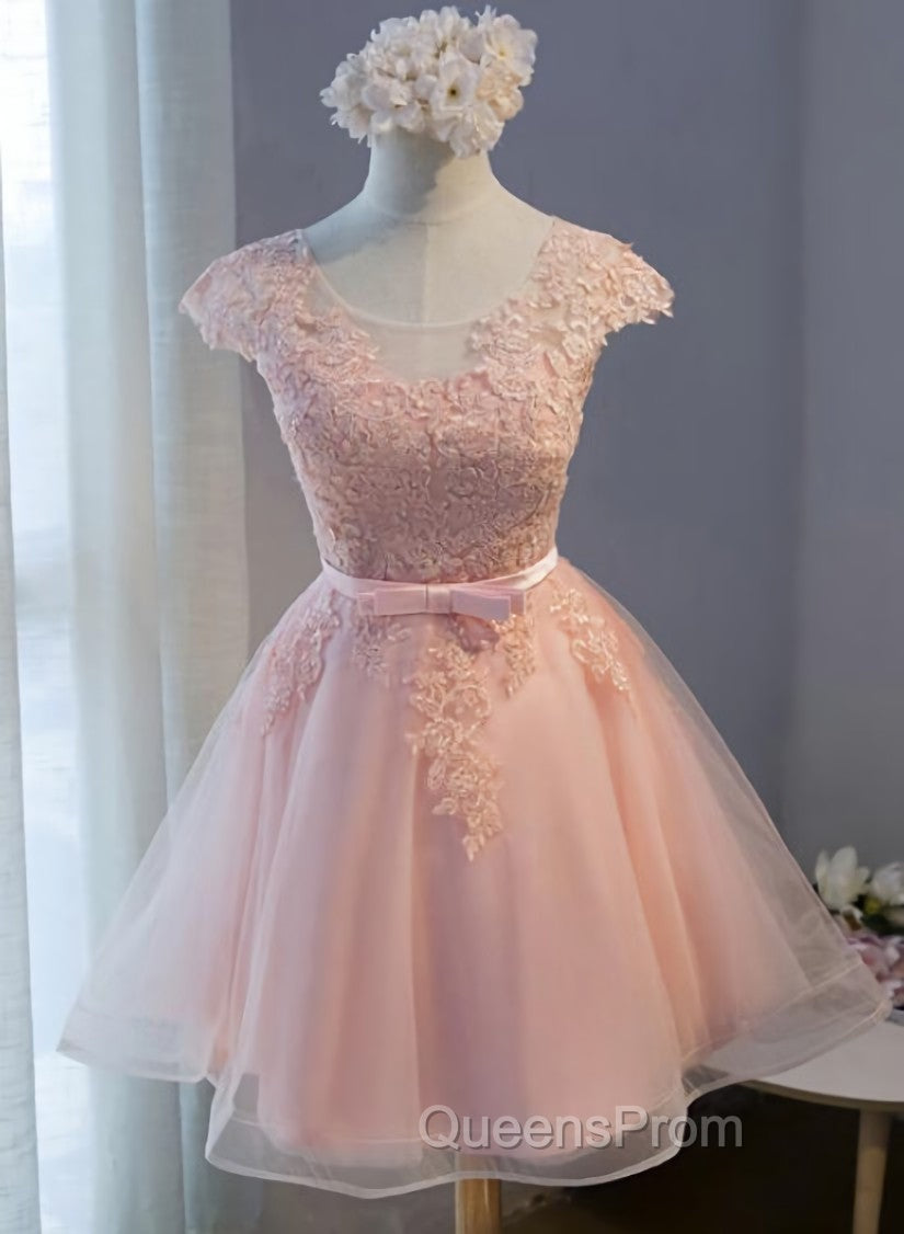 Custom Pink Lovely Cap Sleeves Knee Length Evening Dress, Pink Tulle Evening Prom Dress Main image