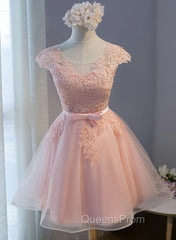 Custom Pink Lovely Cap Sleeves Knee Length Evening Dress, Pink Tulle Evening Prom Dress