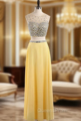 Custom Sexy Yellow Sequins Beaded 2 Piece Evening Prom Dress Scoop Long
