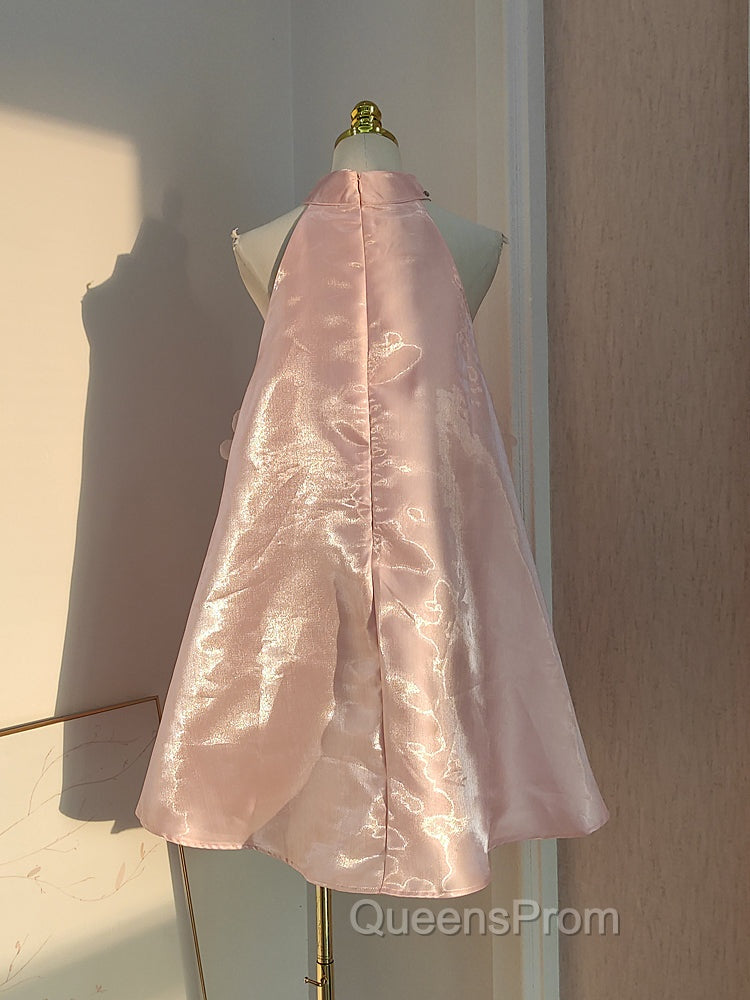 Cute A Line Halter Pink Travel Vacation Dress Short Satin Birthday Dress Secondary image