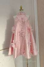 Cute A Line Halter Pink Travel Vacation Dress Short Satin Birthday Dress