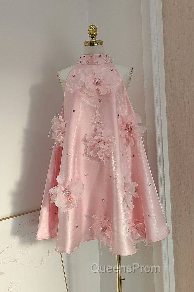 Cute A Line Halter Pink Travel Vacation Dress Short Satin Birthday Dress