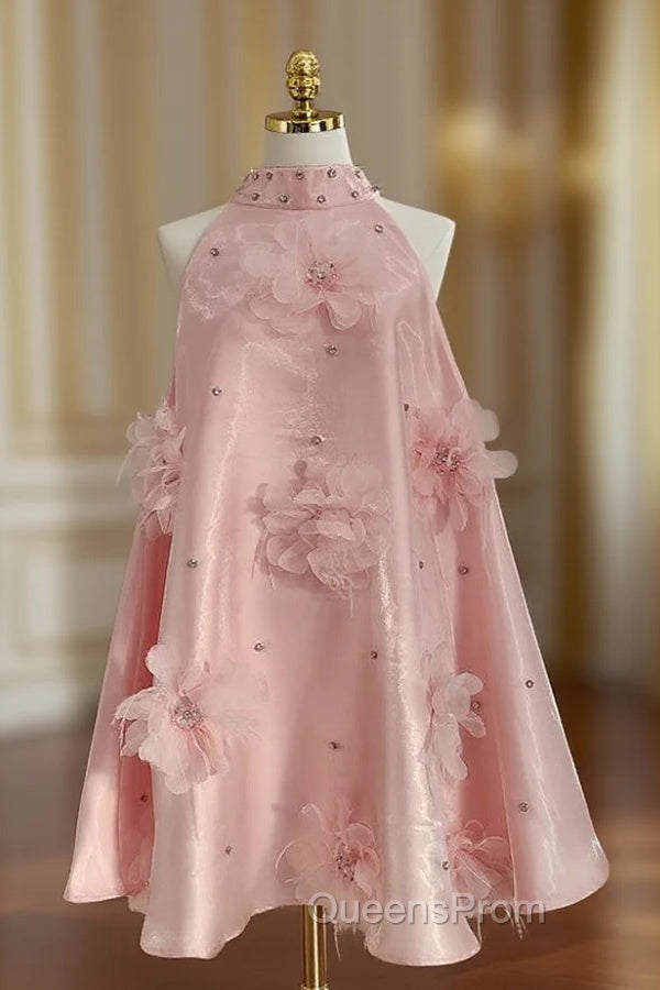 Cute A Line Halter Pink Travel Vacation Dress Short Satin Birthday Dress Main image