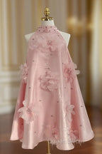 Cute A Line Halter Pink Travel Vacation Dress Short Satin Birthday Dress
