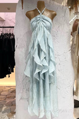 Cute A Line Halter Ruffled Floral Blue Summer Holiday Dress WomenS Long Vacation Dress