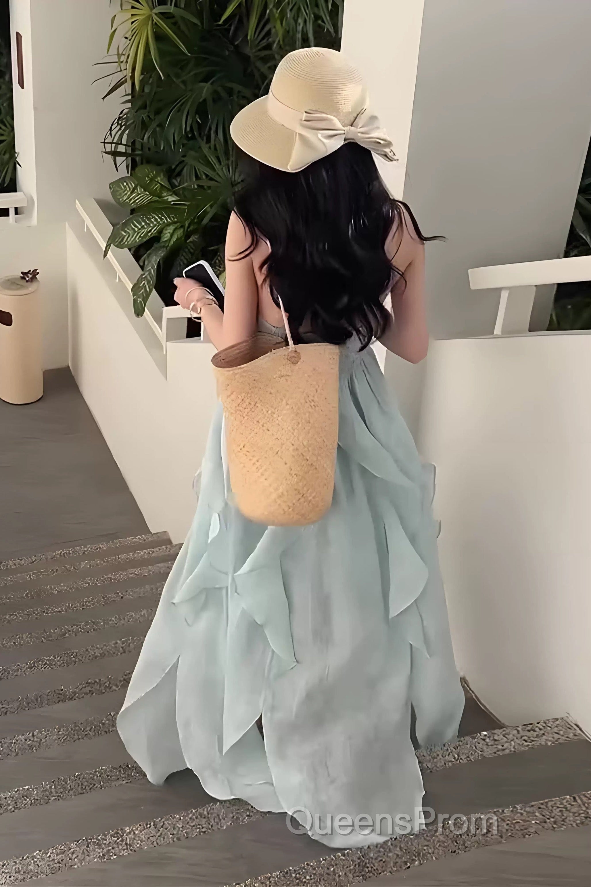 Cute A Line Halter Ruffled Floral Blue Summer Holiday Dress WomenS Long Vacation Dress