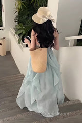 Cute A Line Halter Ruffled Floral Blue Summer Holiday Dress WomenS Long Vacation Dress