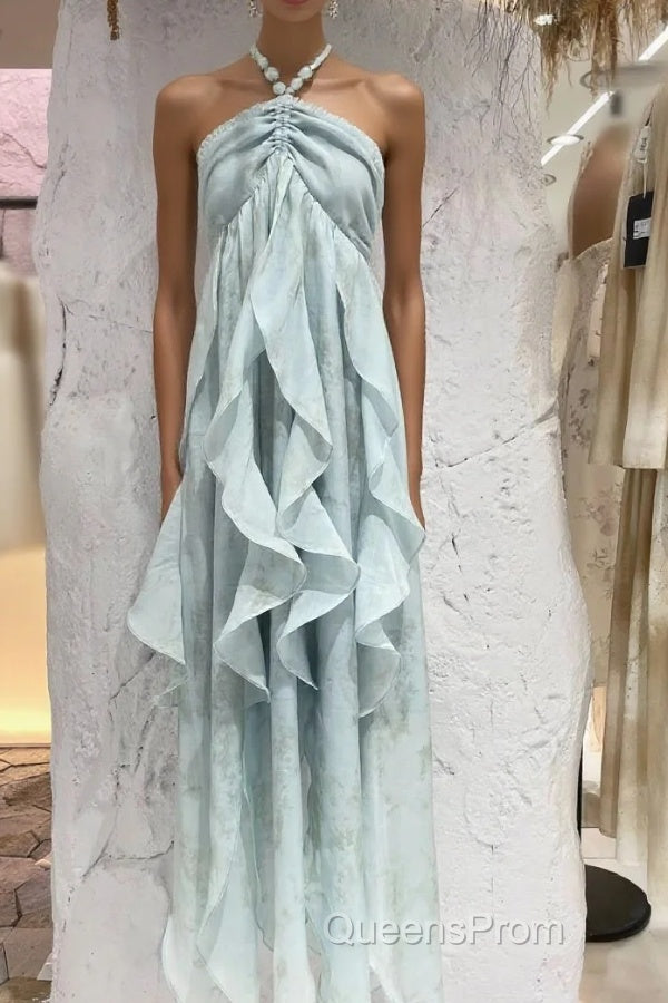 Cute A Line Halter Ruffled Floral Blue Summer Holiday Dress WomenS Long Vacation Dress Main image