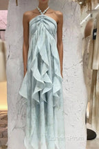 Cute A Line Halter Ruffled Floral Blue Summer Holiday Dress WomenS Long Vacation Dress