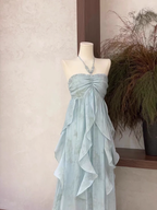 Cute A Line Halter Ruffled Floral Blue Women Long Vacation Dress