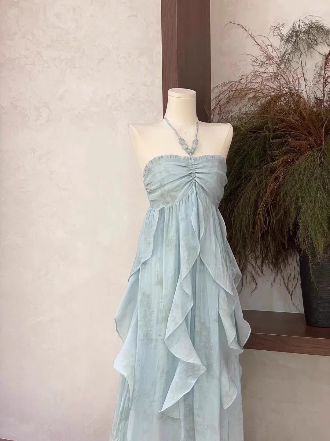 Cute A Line Halter Ruffled Floral Blue Women Long Vacation Dress