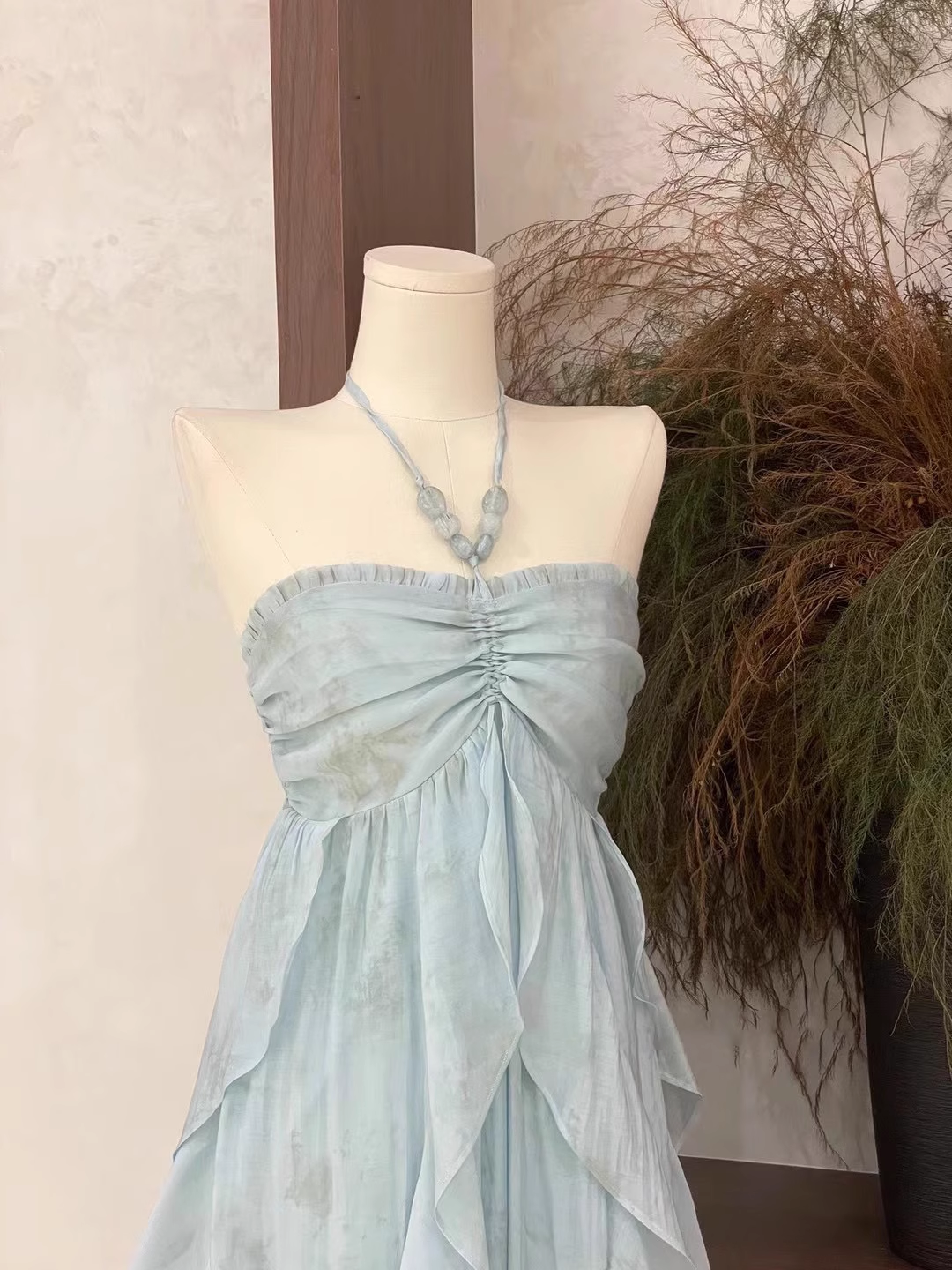 Cute A Line Halter Ruffled Floral Blue Women Long Vacation Dress