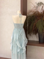 Cute A Line Halter Ruffled Floral Blue Women Long Vacation Dress