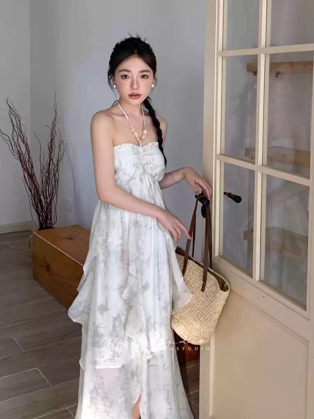 Cute A Line Halter Ruffled Floral Blue Women Long Vacation Dress