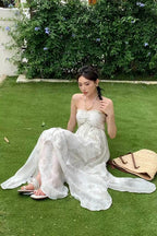 Cute A Line Halter Ruffled Floral Blue Women Long Vacation Dress