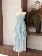 Cute A Line Halter Ruffled Floral Blue Women Long Vacation Dress