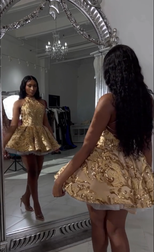 Cute A Line Halter Sequin Short Gold Homecoming Dress Secondary image