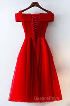 Cute A Line Off Shoulder Short Red Lace Evening Prom Dress, Short Red Bridesmaid Dress, Graduation Dress