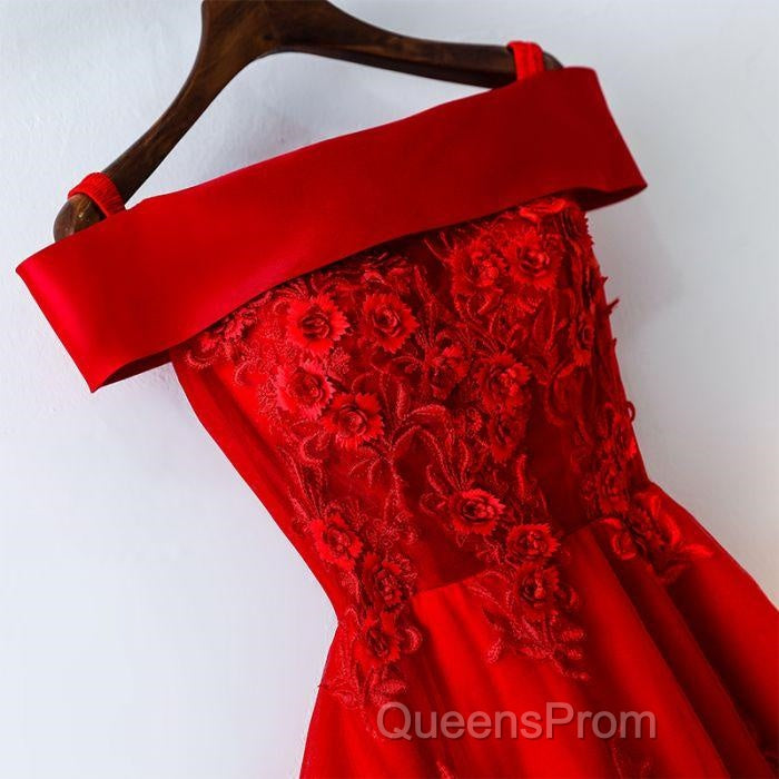 Cute A Line Off Shoulder Short Red Lace Evening Prom Dress, Short Red Bridesmaid Dress, Graduation Dress