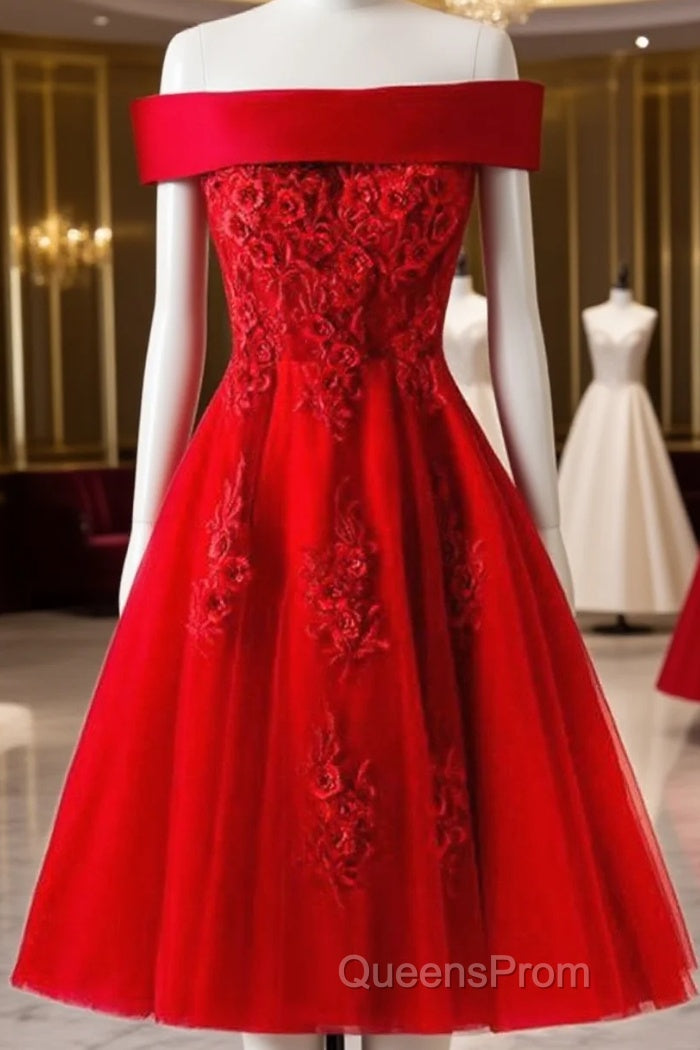 Cute A Line Off Shoulder Short Red Lace Evening Prom Dress, Short Red Bridesmaid Dress, Graduation Dress Main image