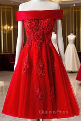 Cute A Line Off Shoulder Short Red Lace Evening Prom Dress, Short Red Bridesmaid Dress, Graduation Dress