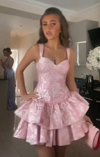 Cute A Line Pink Straps Short Summer Birthday Dress Hoco Dress Birthday Outfit 19Th Birthday Mini Party Dress