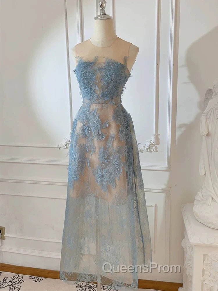 Cute A Line Scoop Neckline Lace Blue Evening Prom Dress Evening Dress Secondary image