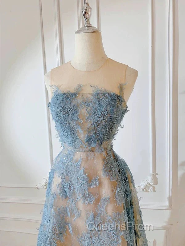 Cute A Line Scoop Neckline Lace Blue Evening Prom Dress Evening Dress