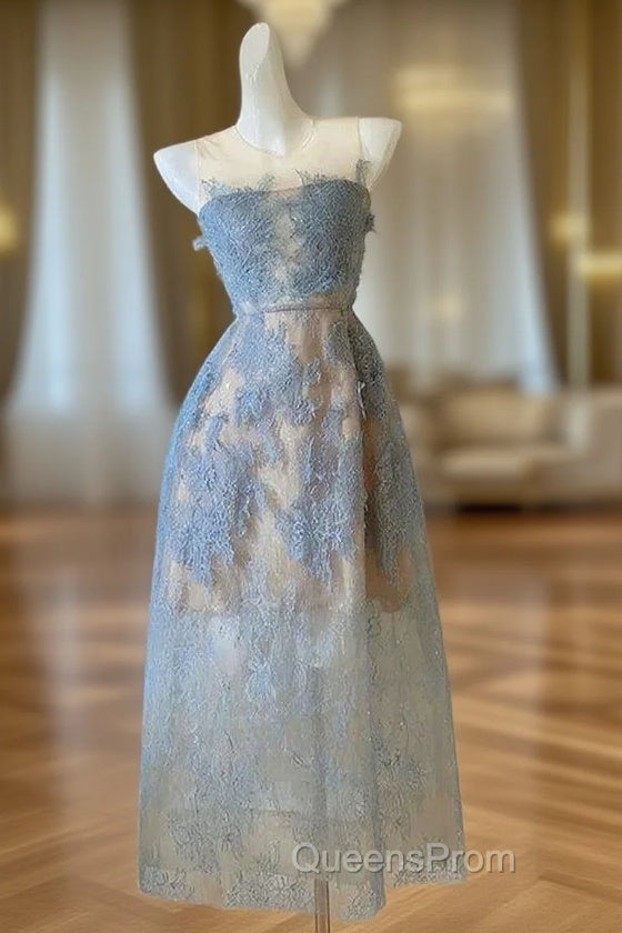Cute A Line Scoop Neckline Lace Blue Evening Prom Dress Evening Dress Main image