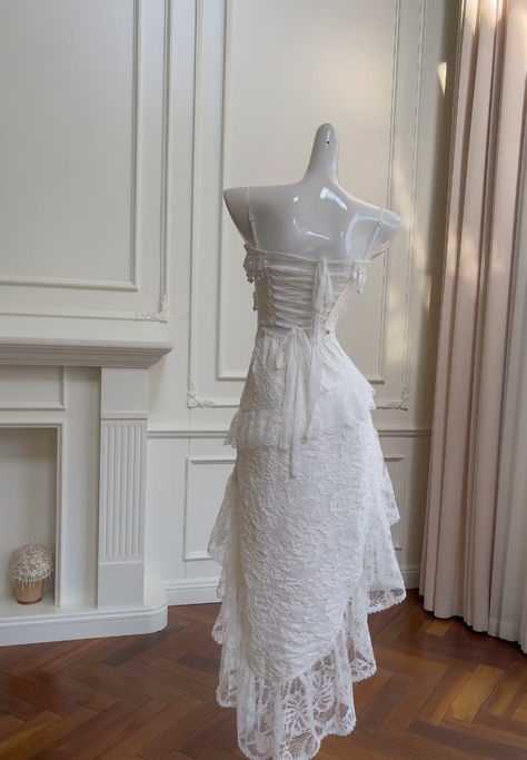 Cute A Line Spaghetti Strap Tiered Pearl White Lace Party Dress Classy Evening Dress Secondary image