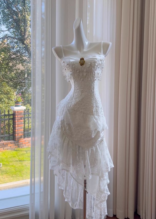 Cute A Line Spaghetti Strap Tiered Pearl White Lace Party Dress Classy Evening Dress