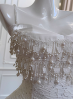 Cute A Line Spaghetti Strap Tiered Pearl White Lace Party Dress Classy Evening Dress
