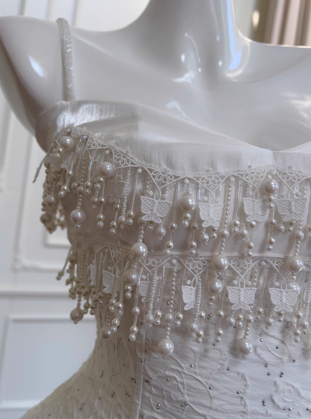 Cute A Line Spaghetti Strap Tiered Pearl White Lace Party Dress Classy Evening Dress