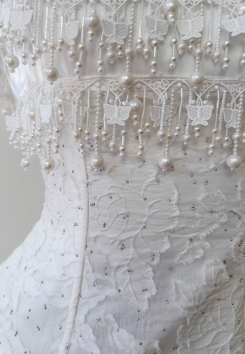 Cute A Line Spaghetti Strap Tiered Pearl White Lace Party Dress Classy Evening Dress