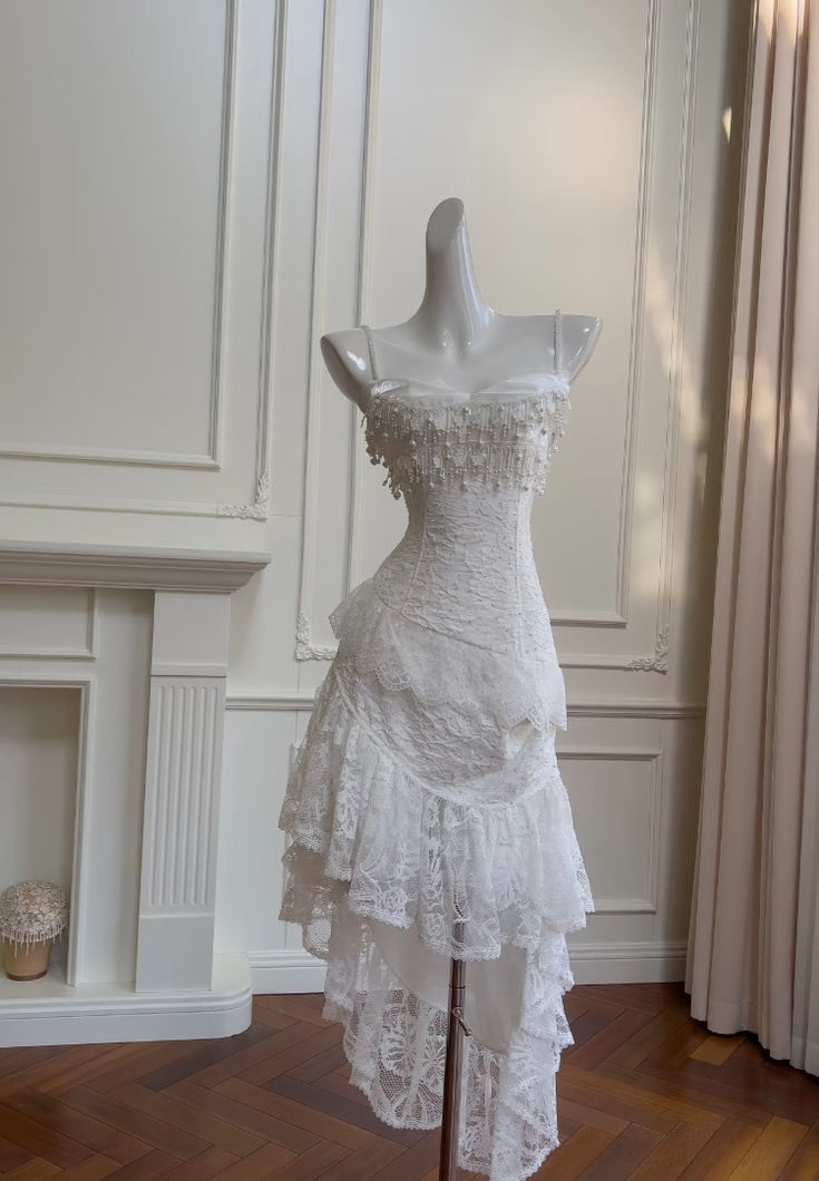 Cute A Line Spaghetti Strap Tiered Pearl White Lace Party Dress Classy Evening Dress
