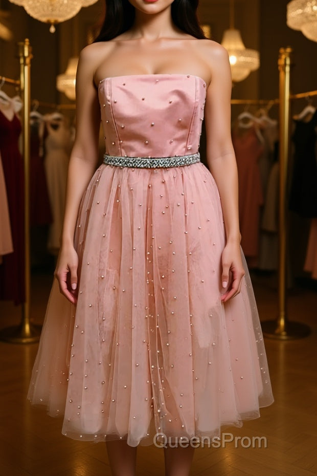 Cute A Line Strapless Beaded Pink Short Evening Prom Dress Homecoming Dress, Strapless Pink Formal Graduation Evening Dress Main image