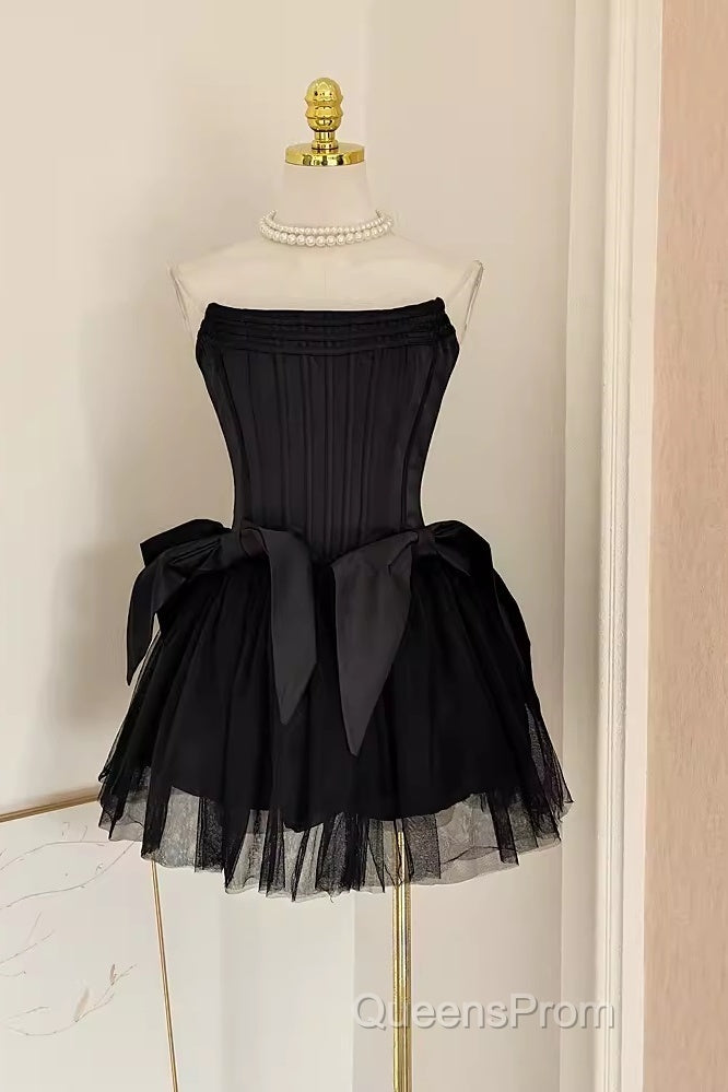 Cute A Line Strapless Black Travel Vacation Dress Short Satin Birthday Dress