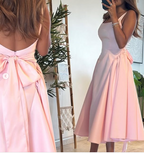 Cute A Line Straps Pink Satin Tea Length Classy Prom Dress With Bow