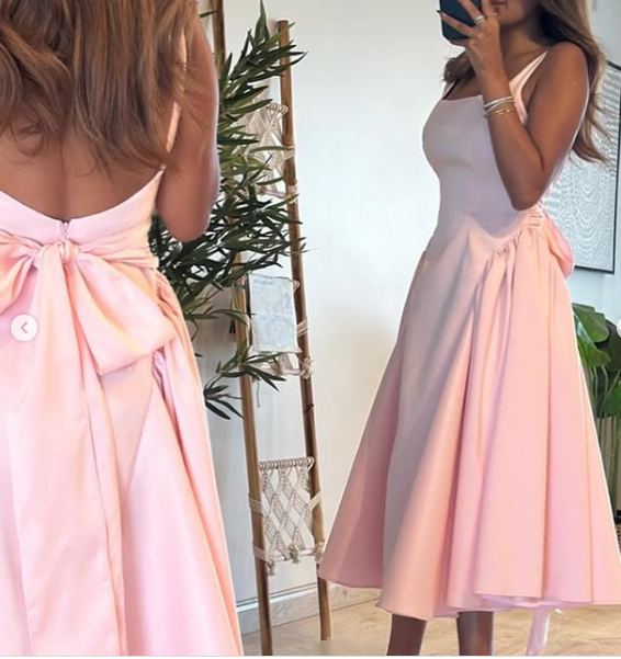 Cute A Line Straps Pink Satin Tea Length Classy Prom Dress With Bow