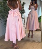 Cute A Line Straps Pink Satin Tea Length Classy Prom Dress With Bow